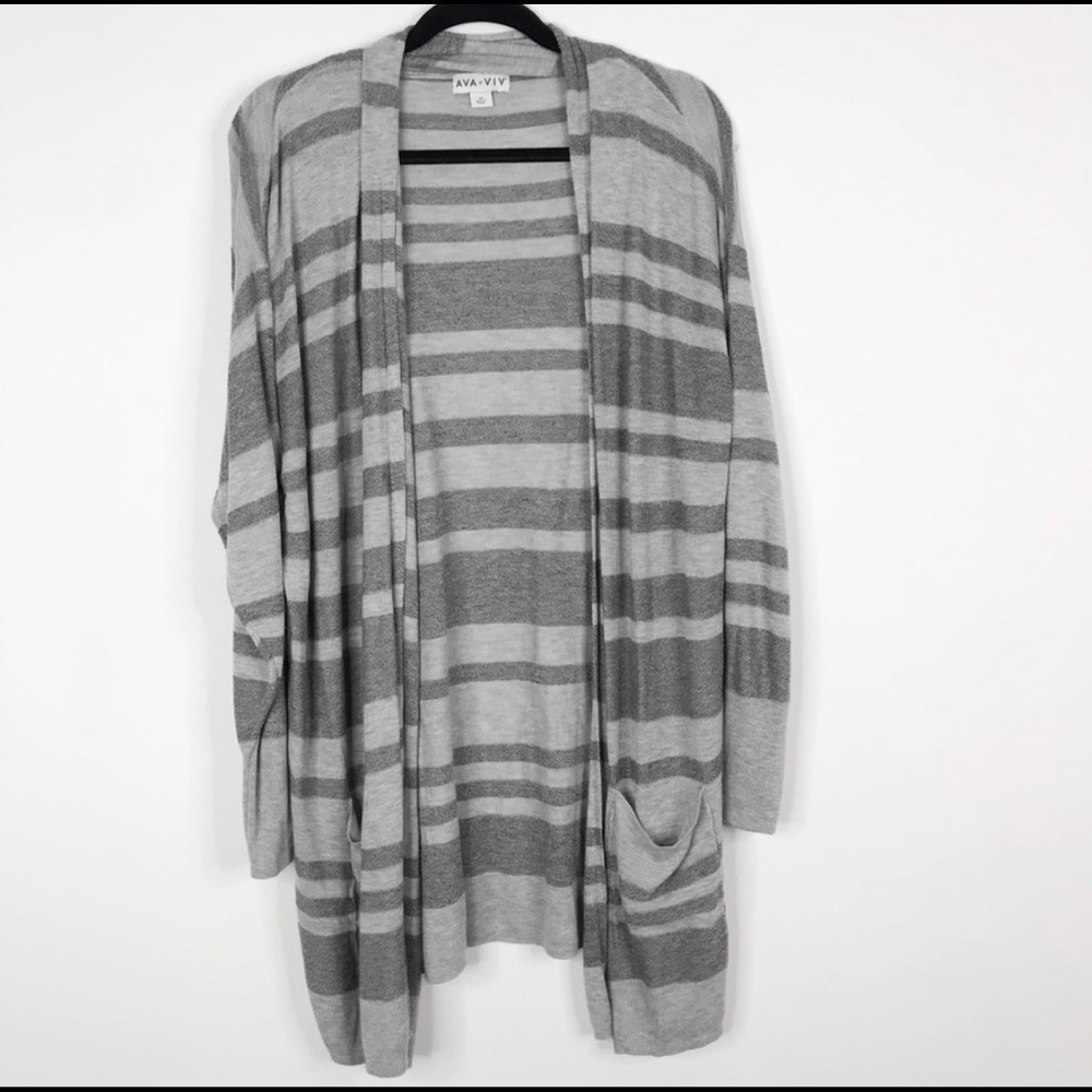Ava & Viv Striped Duster Cardigan Sweater Gray 2X